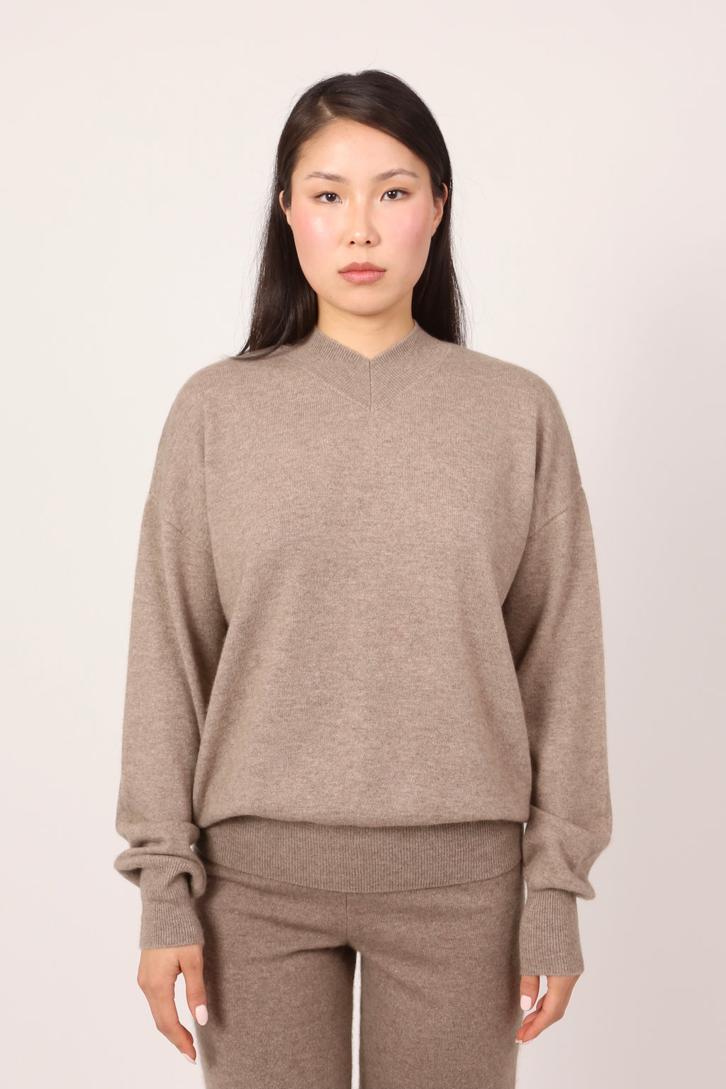 v-neck jumper in natural brown