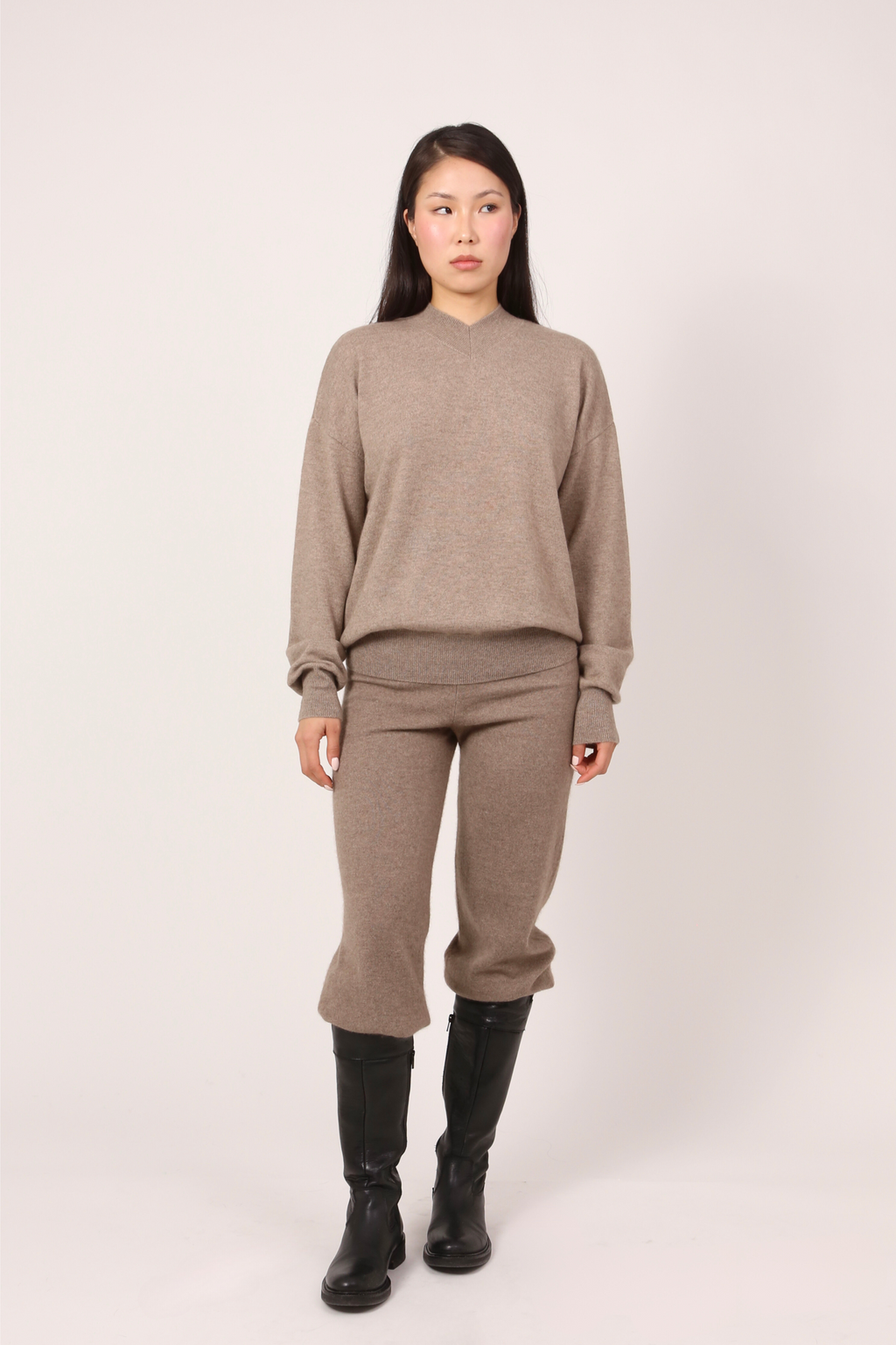 v-neck jumper in natural brown