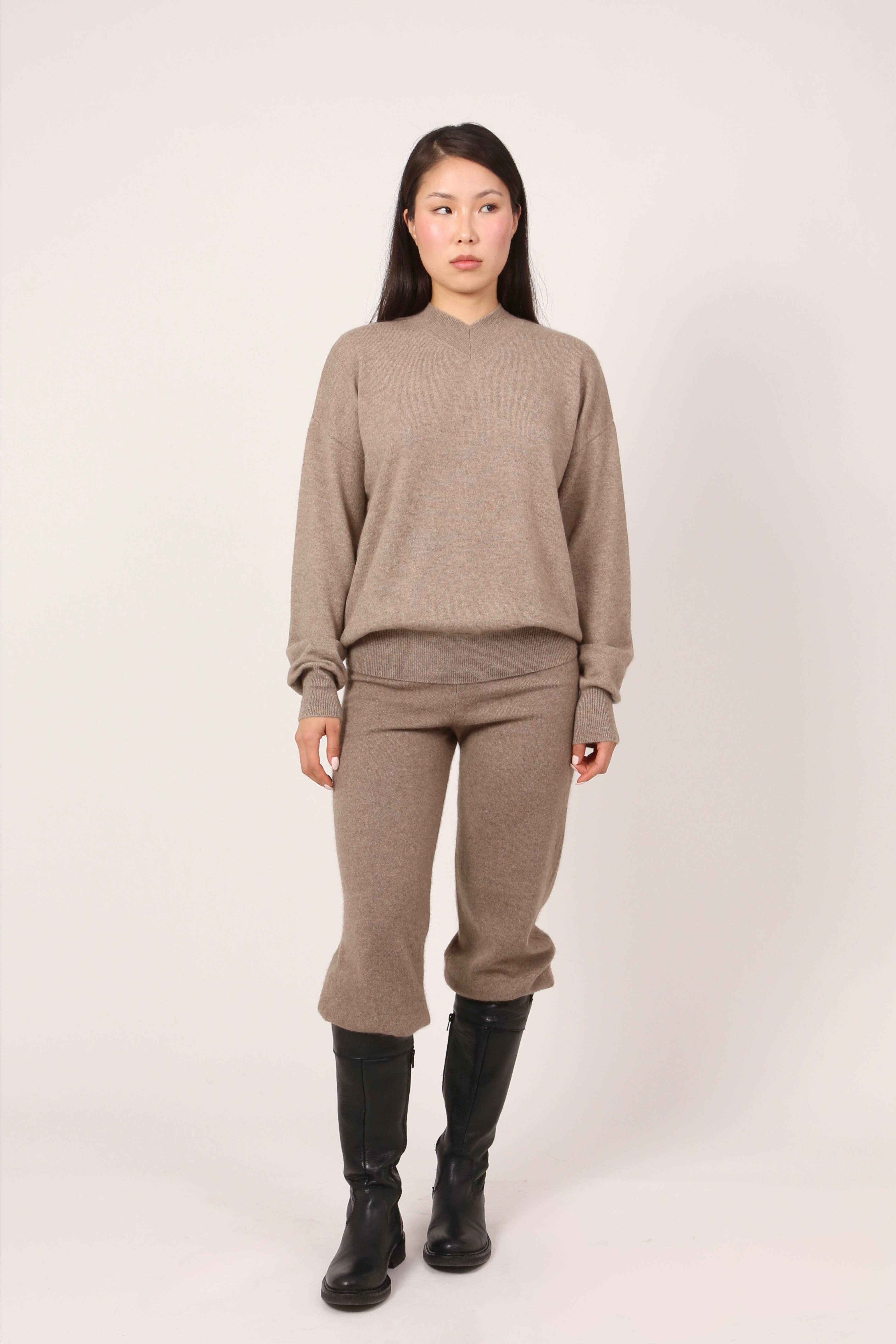 v-neck jumper in natural brown