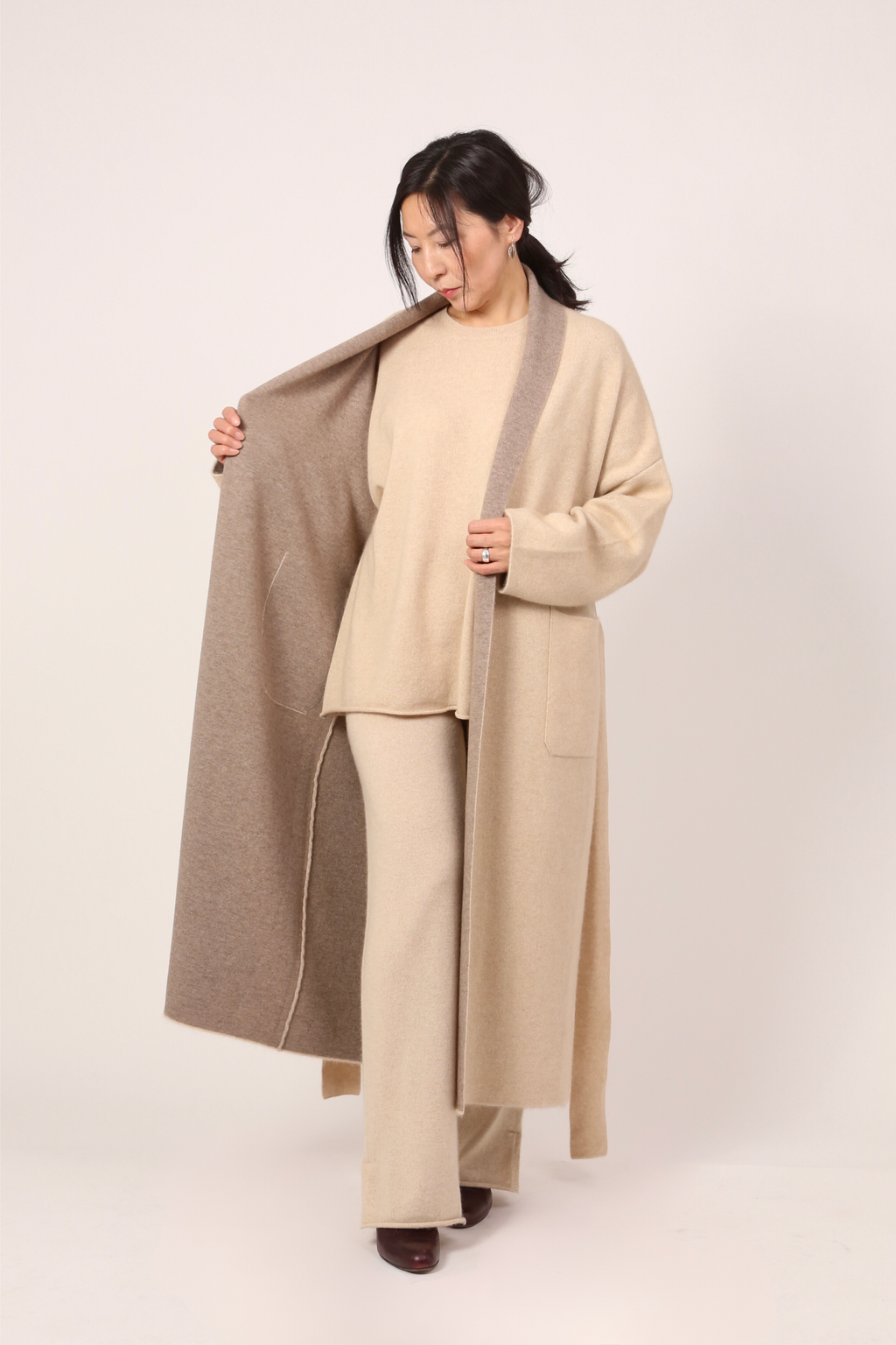 two-colour coat in beige & brown
