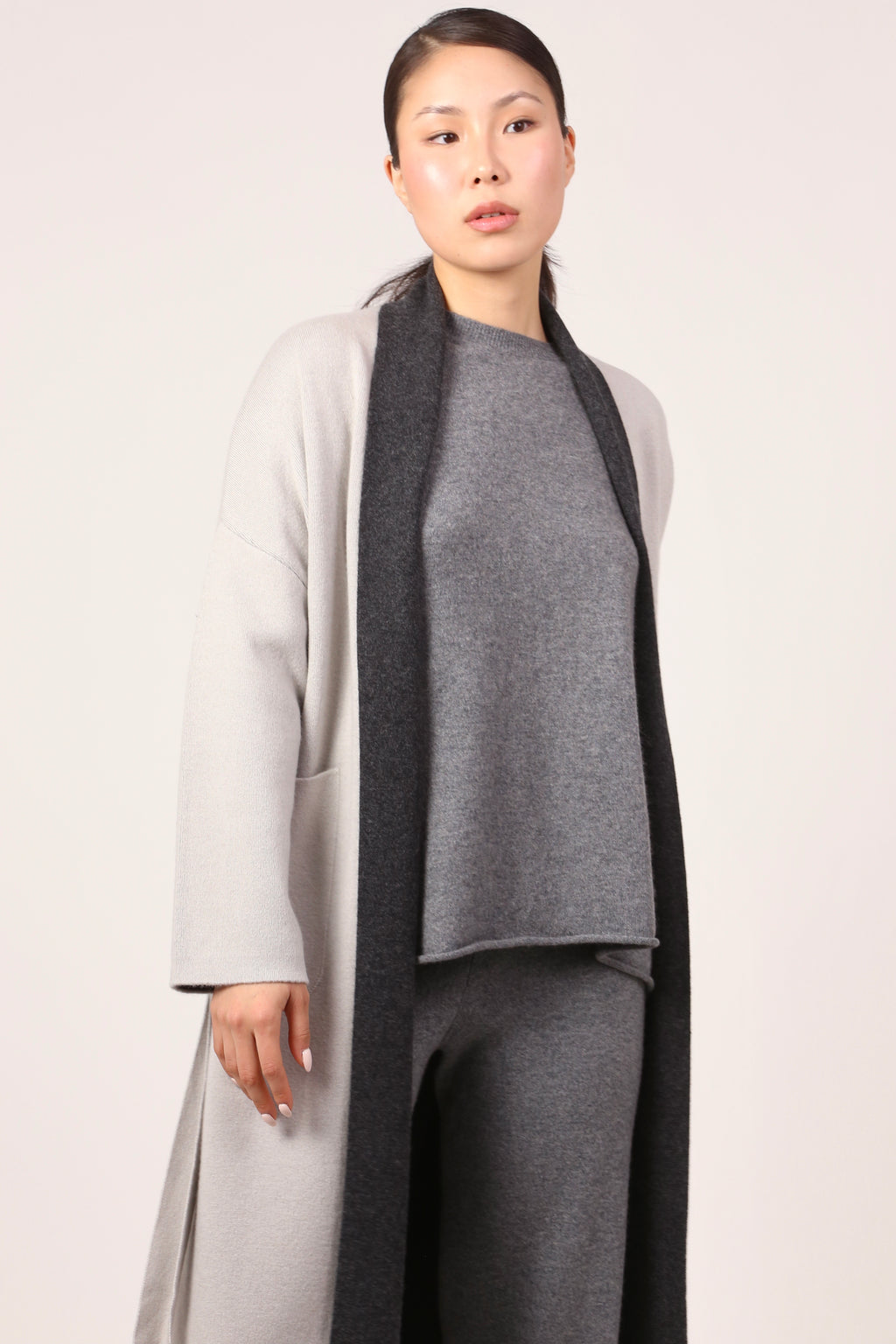 two-colour coat in clay grey & dark grey