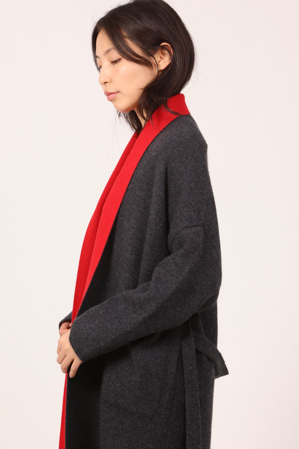 two colour coat in dark grey & red