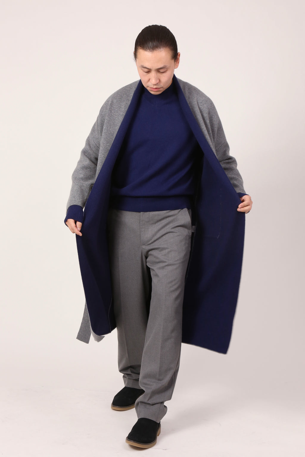two-colour coat in grey & navy